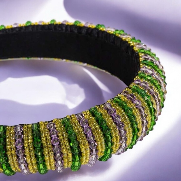 Beaded Mardi Gras Headband - Vibrant Purple, Green, & Gold 💜💚💛 - Picture 4 of 7